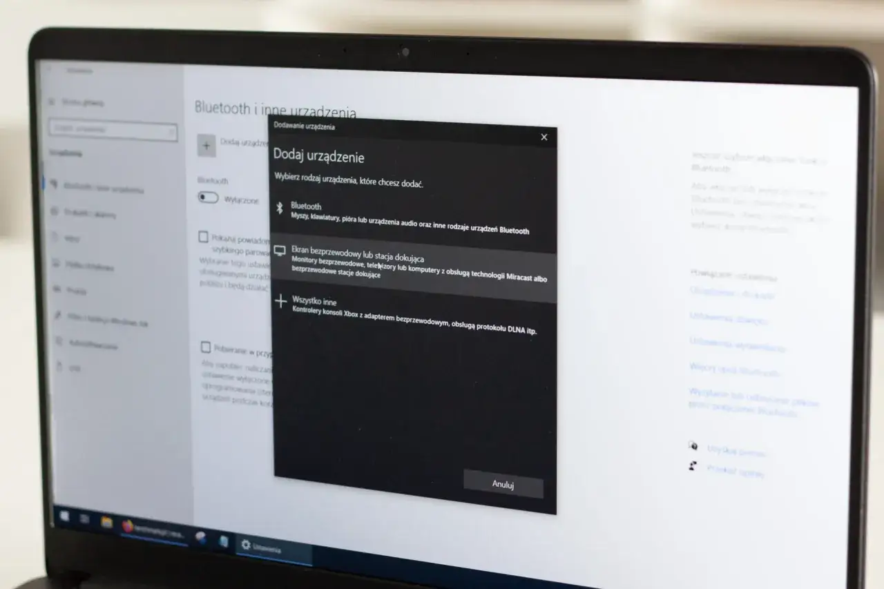 Ustawienia Bluetooth na laptopie, okno 