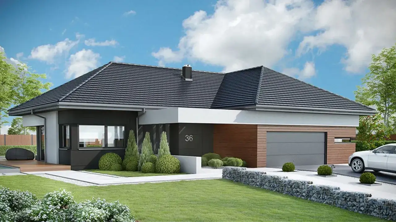 Nowoczesny dom z garażem obok. Elegancka bryła, drewniane i grafitowe detale, zadbany ogr&oacute;d.