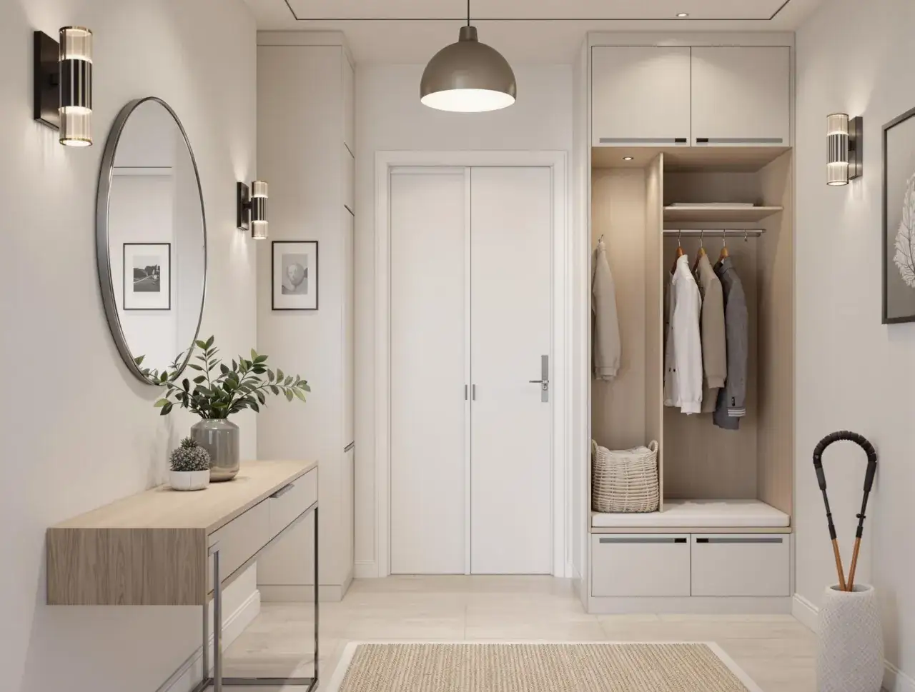 Nowoczesny korytarz inspiracje: minimalistyczna konsola, lustro, wbudowana szafa z wieszakami i koszem, jasne drzwi i oświetlenie tworzą przytulną przestrzeń.