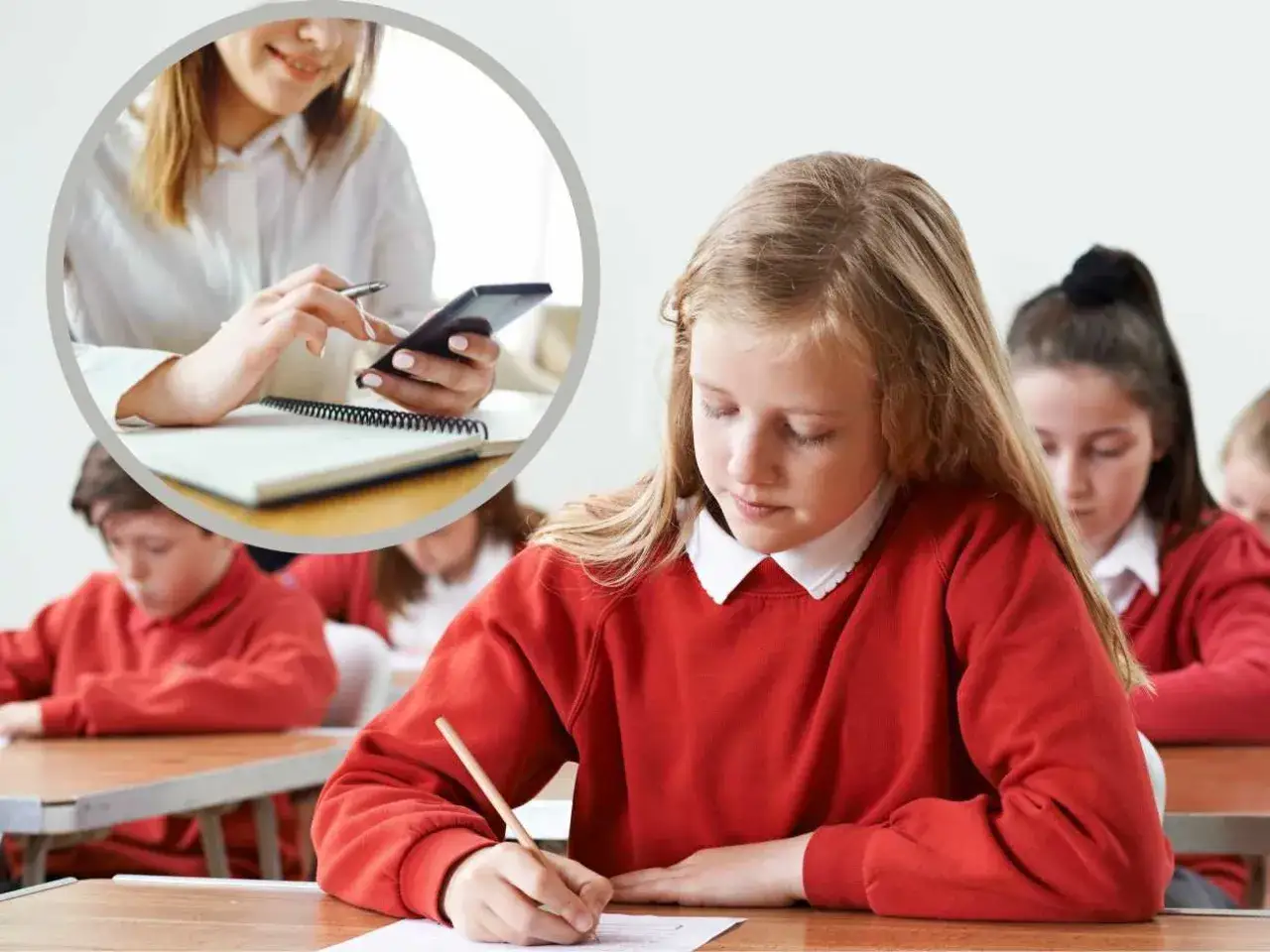Uczeń robiący zdjęcie sprawdzianu w szkole, rodzic czytający statut szkoły