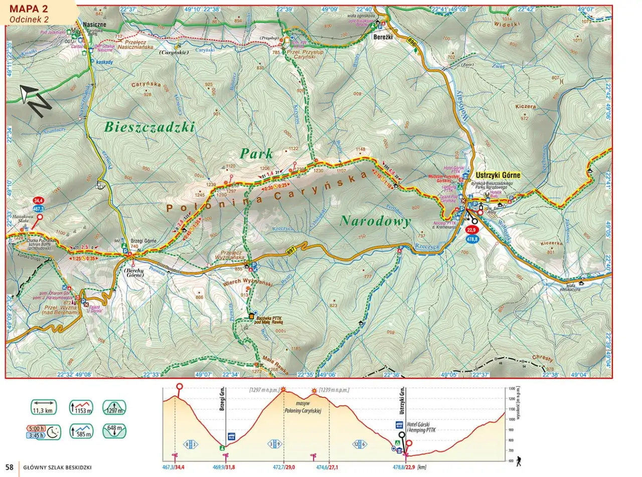 Mapa Gł&oacute;wnego Szlaku Beskidzkiego, odcinek 2. Pokazuje trasę przez Bieszczady, Park Narodowy, z zaznaczonymi szczytami, schroniskami i odległościami. Ile dni zajmie przejście?
