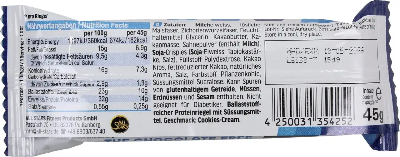 Etykieta batona proteinowego, skład odżywczy, cukry, białko