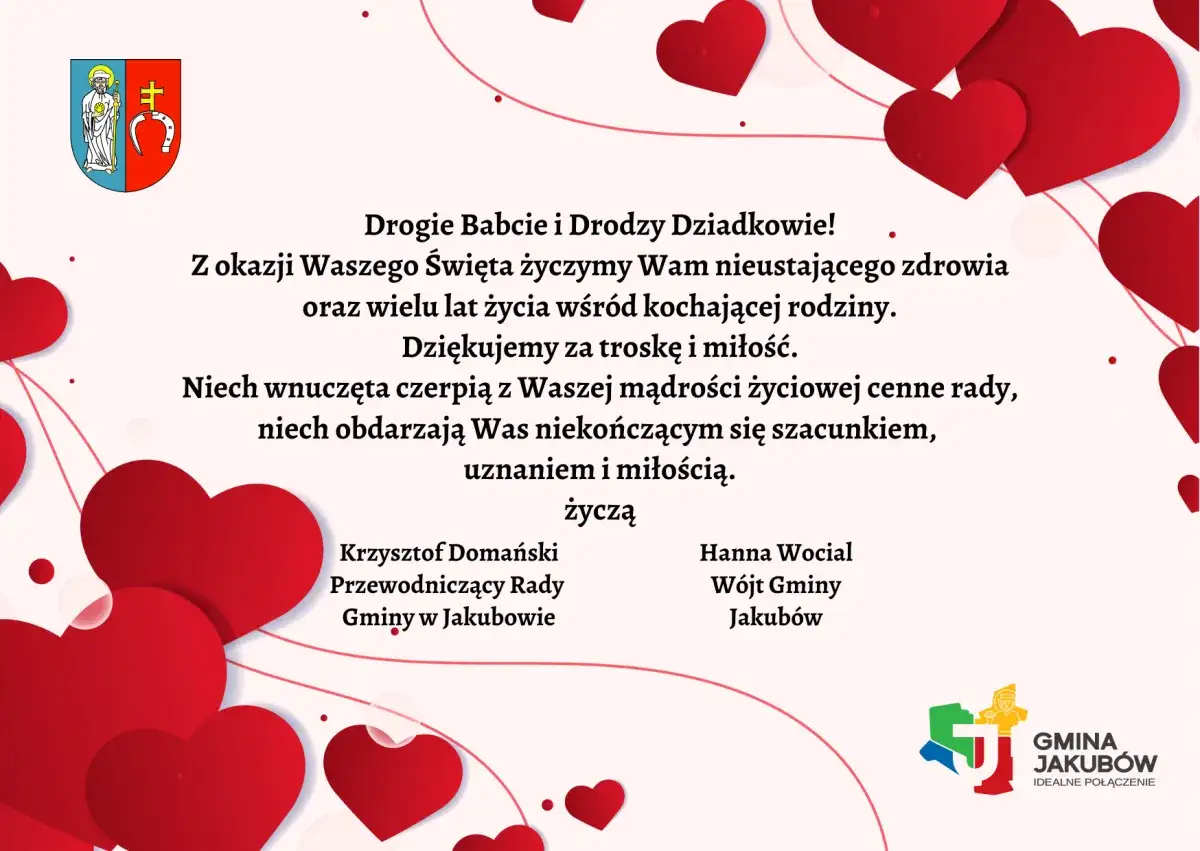 Życzenia świąteczne dla babci i dziadka z sercami. Dziękujemy za troskę i miłość, życzymy zdrowia i szacunku.