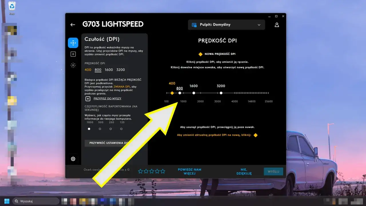 Jak zmienić czułość myszki? Na ekranie widać ustawienia DPI myszki G703 LIGHTSPEED.