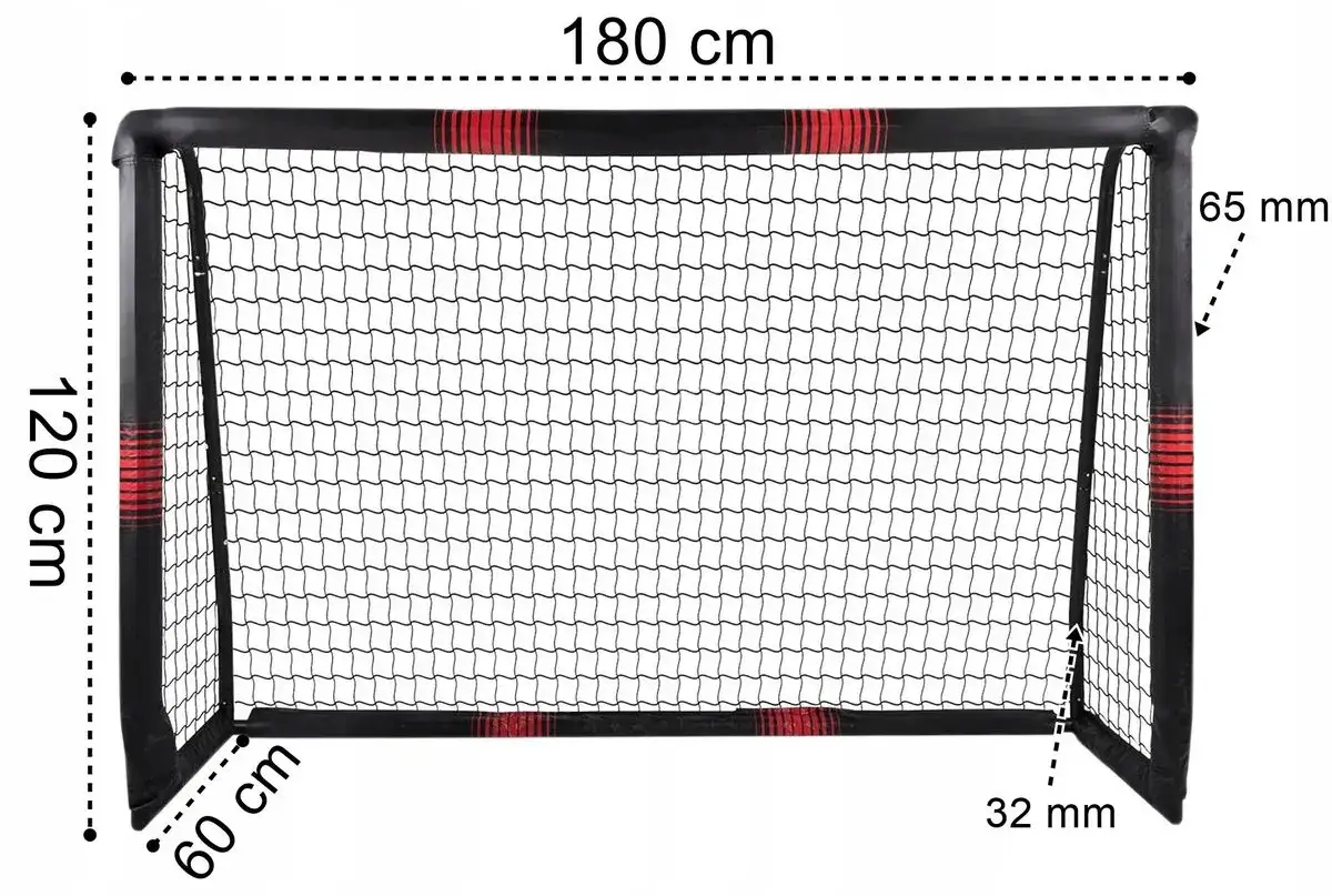Bramka do piłki nożnej ma wymiary 180 cm szerokości i 120 cm wysokości. Grubość słupk&oacute;w to 65 mm, a poprzeczki 32 mm.