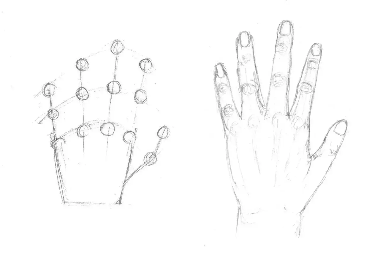 Szkic dłoni z kółkami i liniami jako pomoc w nauce, jak rysować ludzi. Obok gotowy rysunek dłoni.