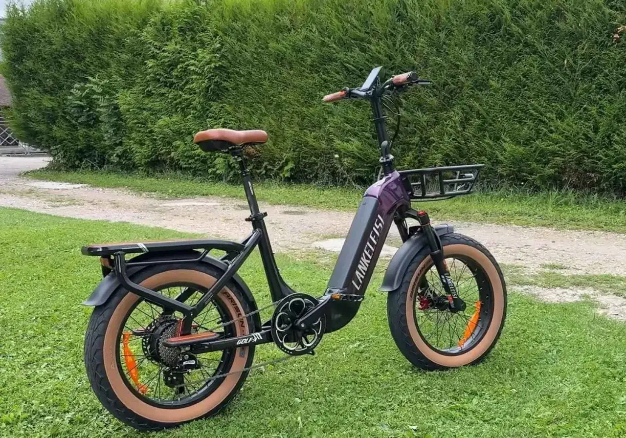 Czarny rower elektryczny ebike z brązowym siodełkiem i oponami, z koszykiem z przodu, stoi na trawie.