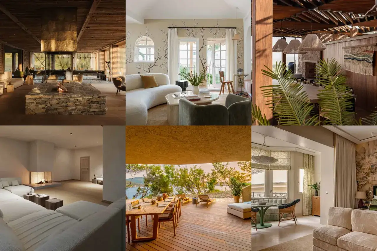 Luksusowe wnętrza, które mogą należeć do najdroższego hotelu na świecie: kamienny kominek, designerskie sofy, taras z widokiem na morze.