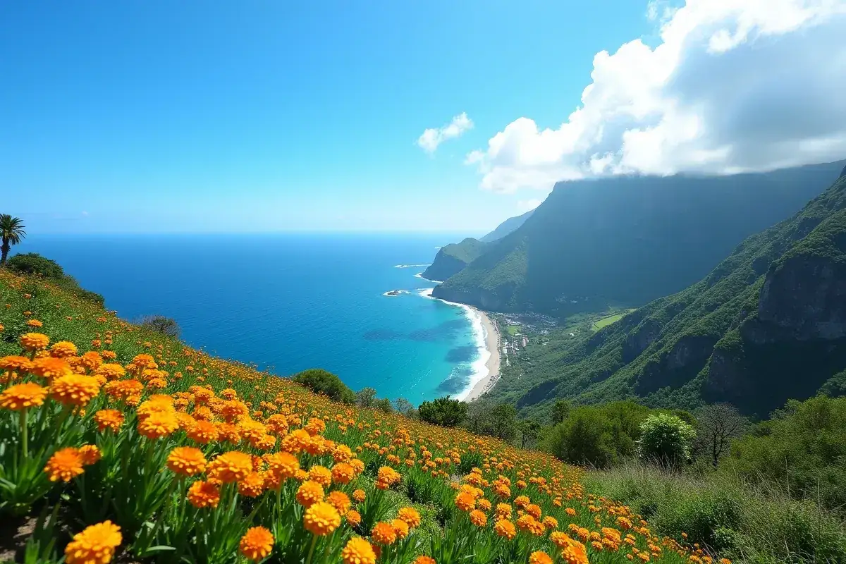 Kwiaty na zboczu, turkusowe morze i zielone góry. Idealne miejsce, by zastanowić się, kiedy najlepiej jechać na Maderę.