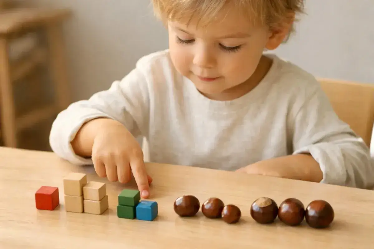 Chłopiec z klockami i kasztanami uczy się, jak szybko nauczyć dziecko tabliczki mnożenia. Zabawa liczbami i przedmiotami.