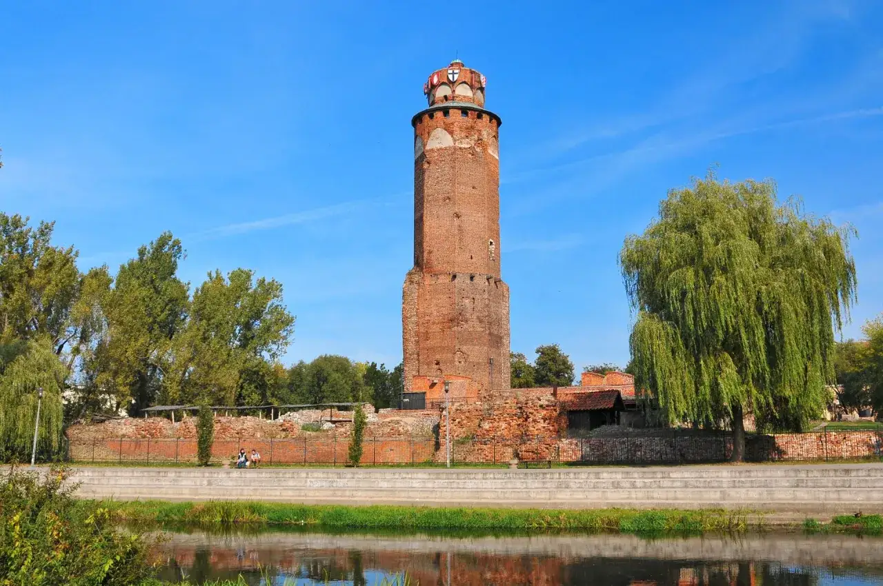 Zamek krzyżacki w Brodnicy, wysoka ceglana wieża góruje nad ruinami. Wiosną zielone drzewa i rzeka tworzą malowniczy krajobraz.
