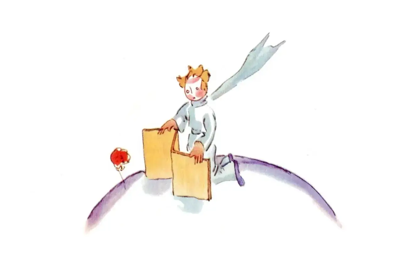 Mały Książę, z różą u boku, zastanawia się, dlaczego opuścił planetę. W rękach trzyma pudełko, symbol tajemnicy.