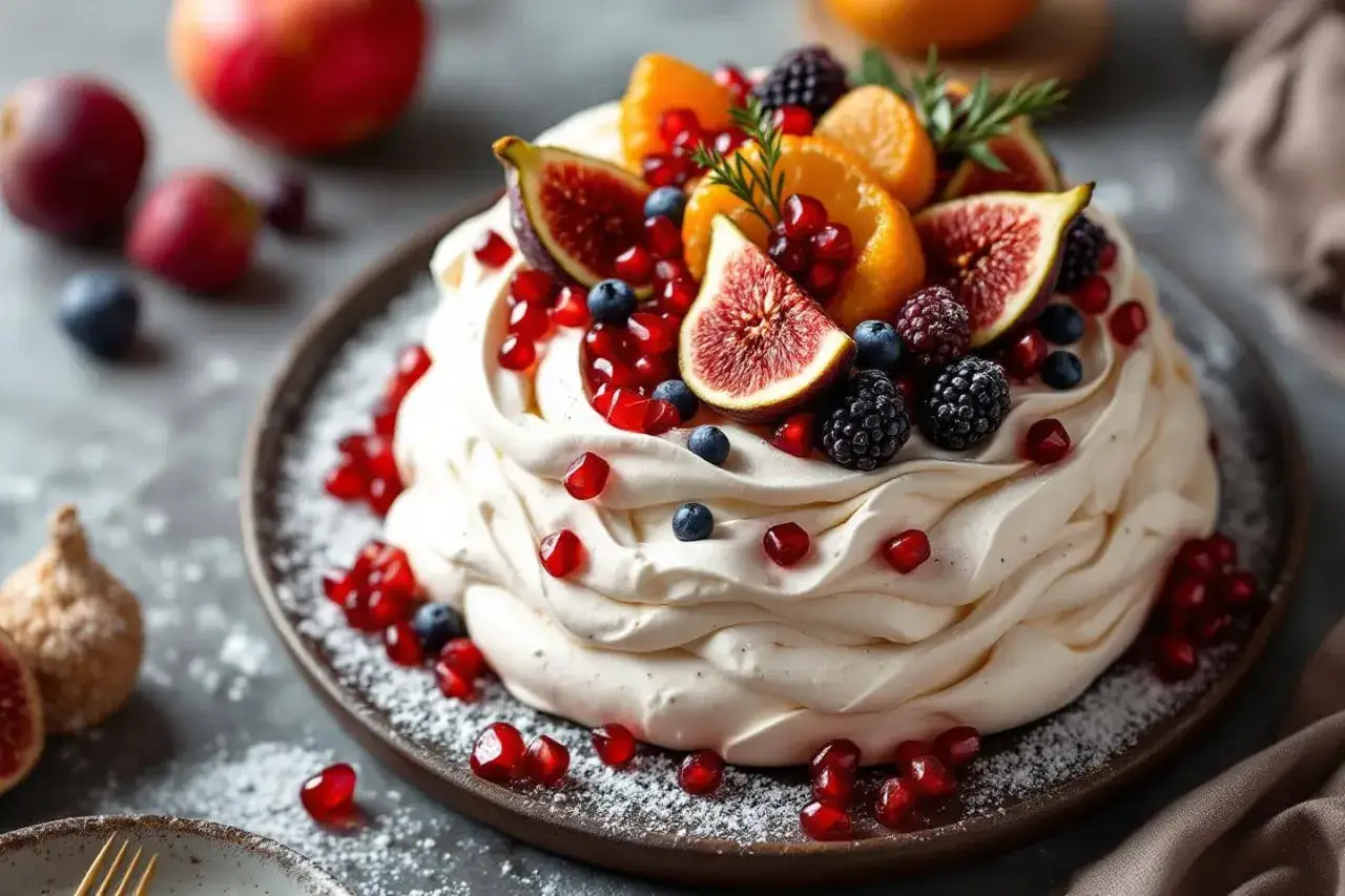 Dessert joliment dressé avec des fruits, des feuilles de menthe et du sucre glace