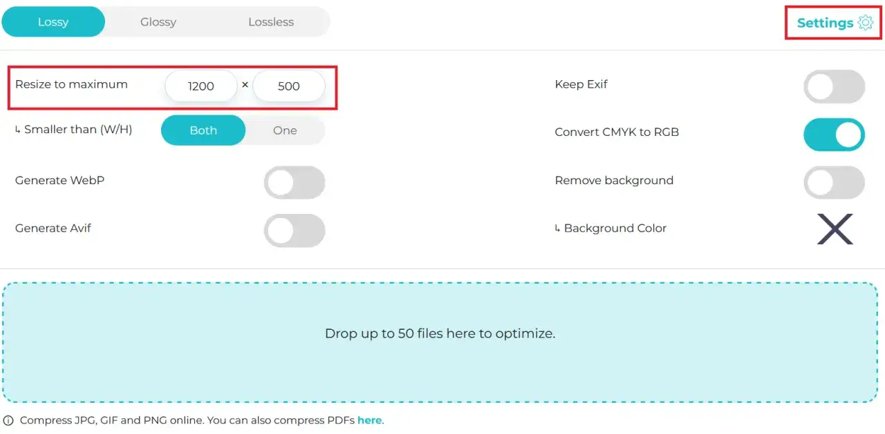 Ustawienia programu do zmniejszania zdjęć: maksymalny rozmiar 1200x500, opcje konwersji i generowania formatów.