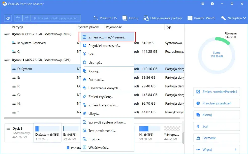 Zarządzanie dyskami Windows rozmiar partycji EFI