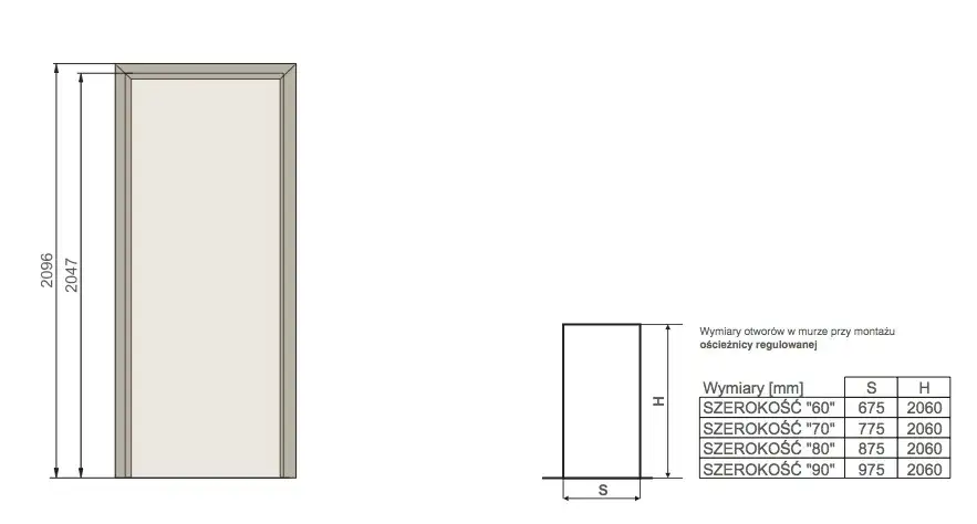 Wymiary otworu pod drzwi wewnętrzne 80 z ościeżnicą regulowaną schemat