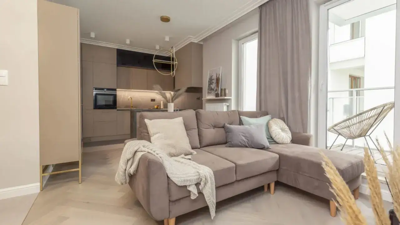 Nowoczesne mieszkanie 40m2 rzut: salon z aneksem kuchennym, wygodna kanapa, jasne kolory.