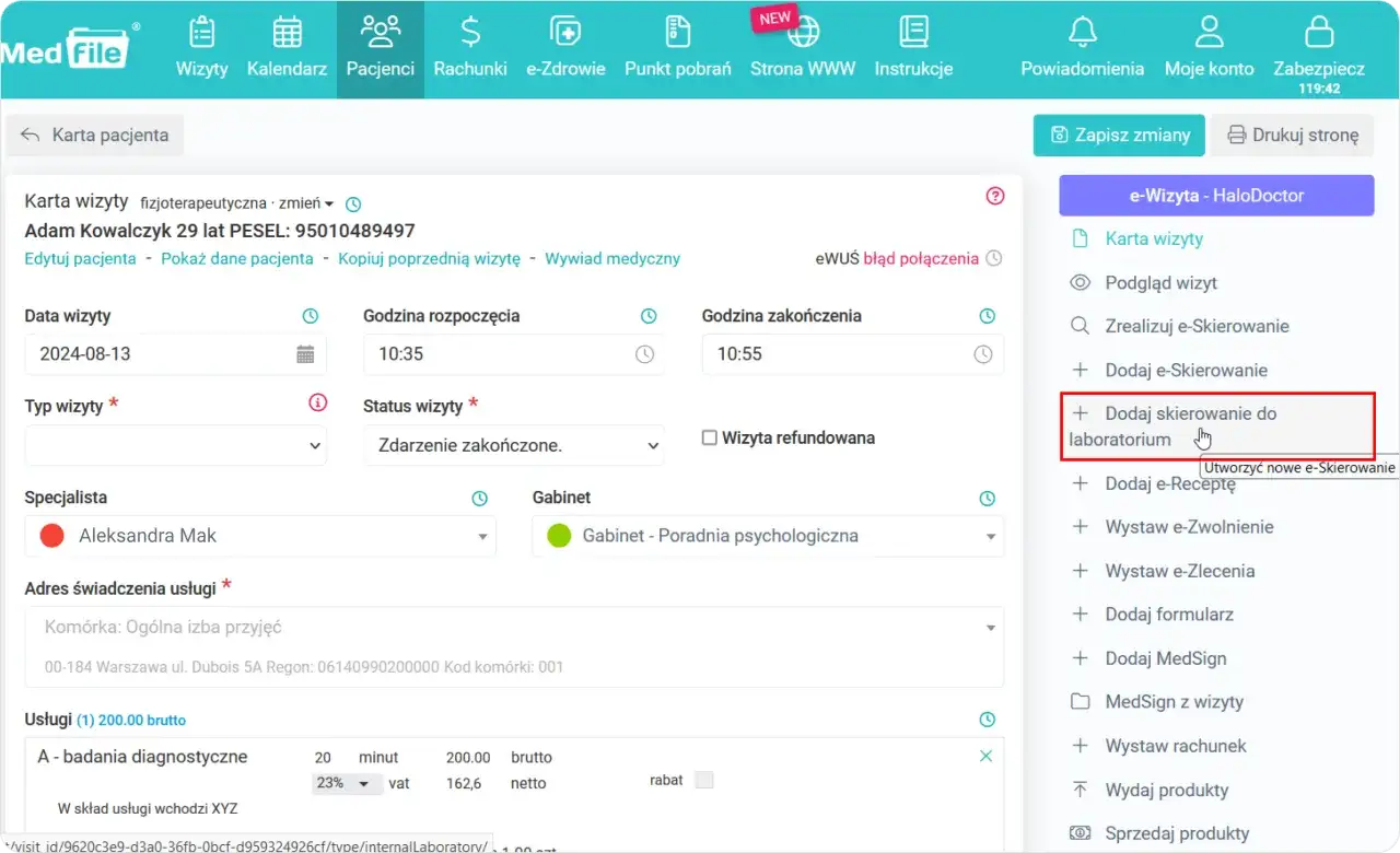 Dodaj skierowanie do laboratorium. System Medfile pozwala na łatwe zarządzanie skierowaniami, ale nie podaje, ile czasu jest ważne skierowanie do laboratorium.