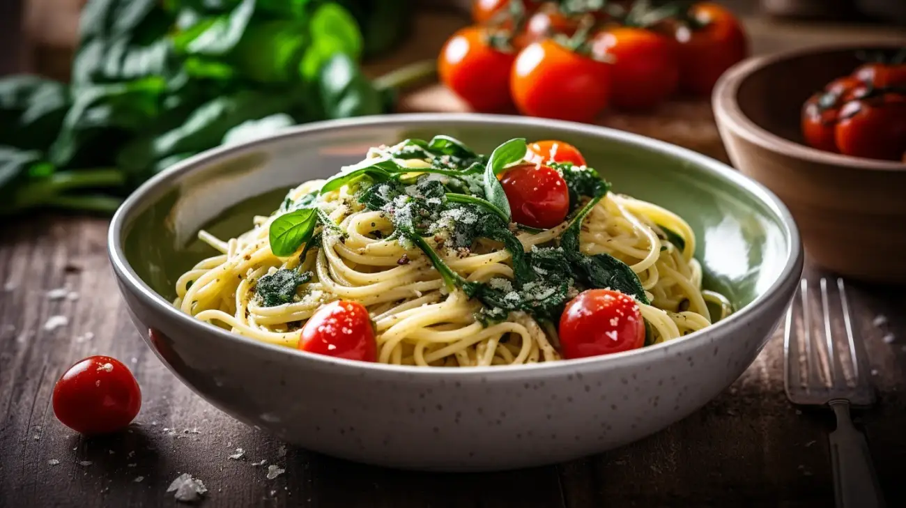 Makaron ze Szpinakiem i Pomidorkami Koktajlowymi - Przepis na Wykwintne Danie