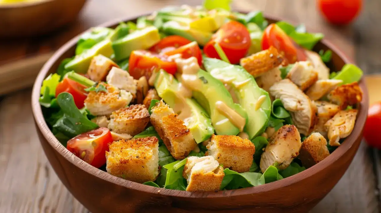 Zdjęcie Sałatka z kurczakiem, awokado, pomidorami, sosem i grzankami