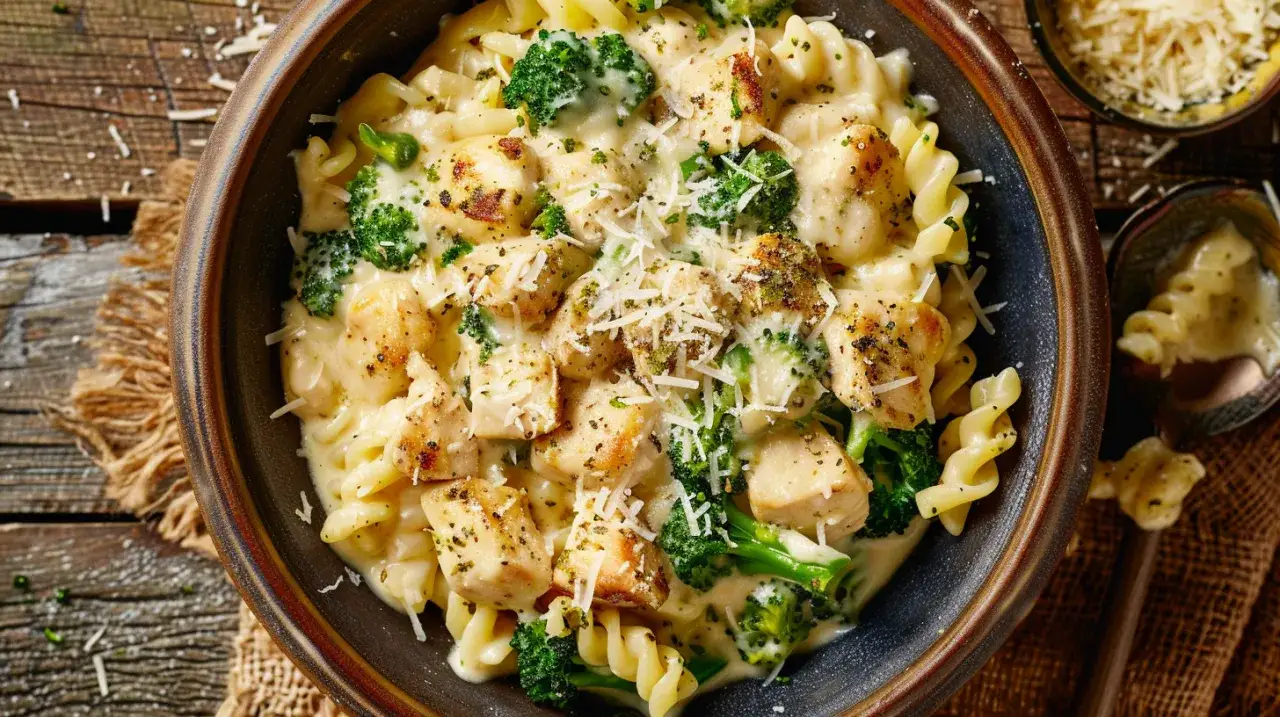Zdjęcie Kurczak w sosie brokułowo-serowym z makaronem i tartym parmezanem