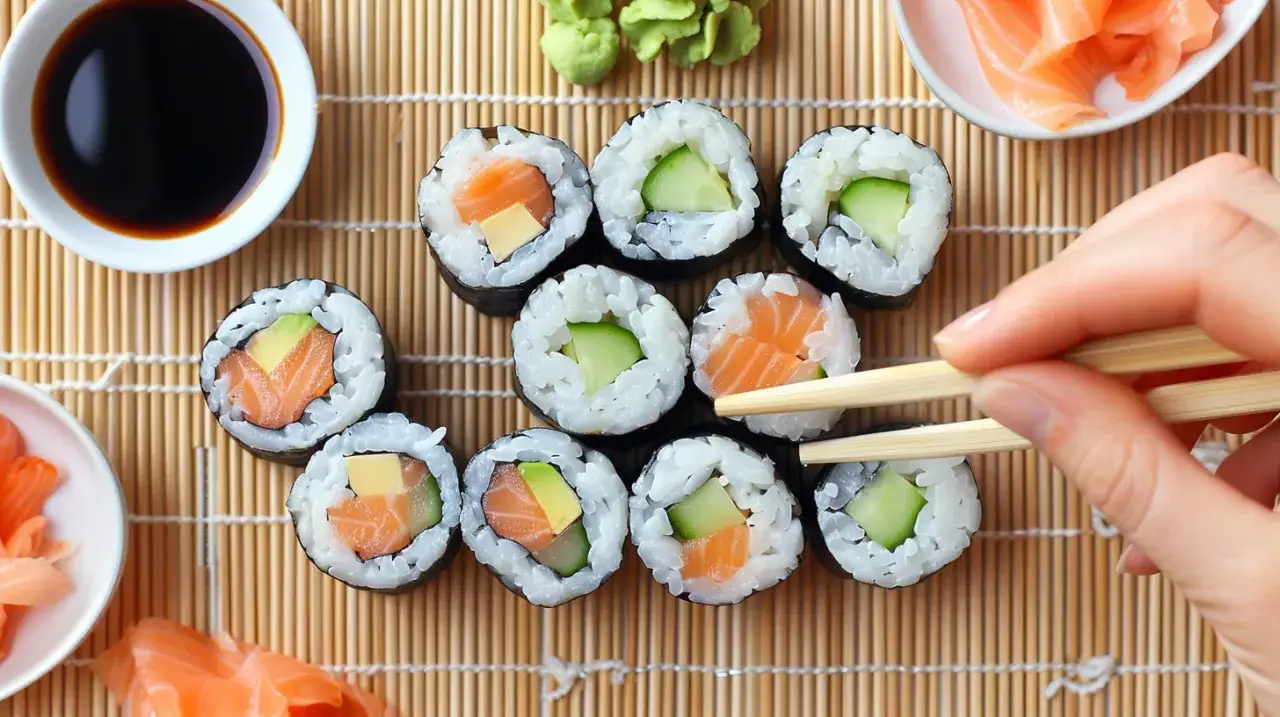 Zdjęcie Domowe sushi z łososiem, awokado, ogórkiem i wasabi