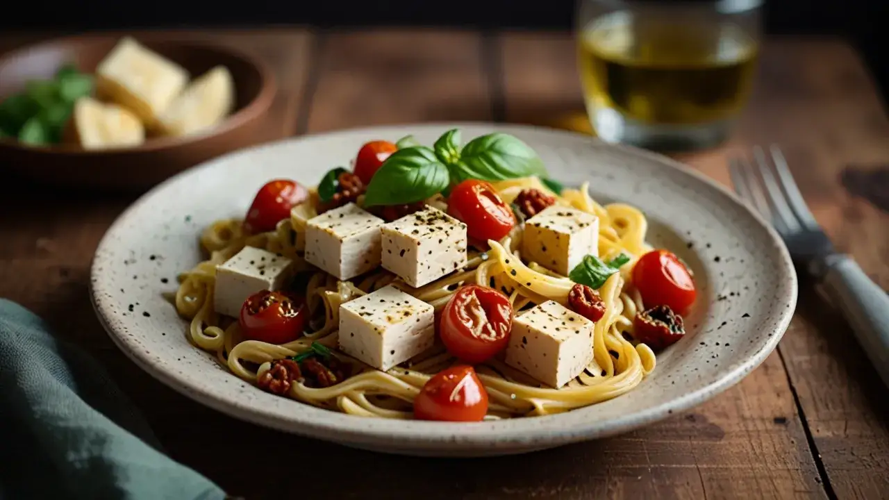 Zdjęcie Makaron z tofu i suszonymi pomidorami: Szybki i smaczny przepis na obiad