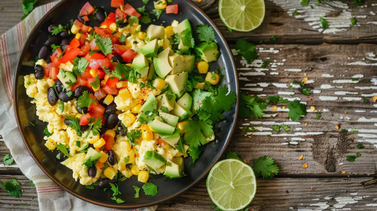 Zdjęcie Jajka po meksykańsku z fasolą, kukurydzą i awokado
