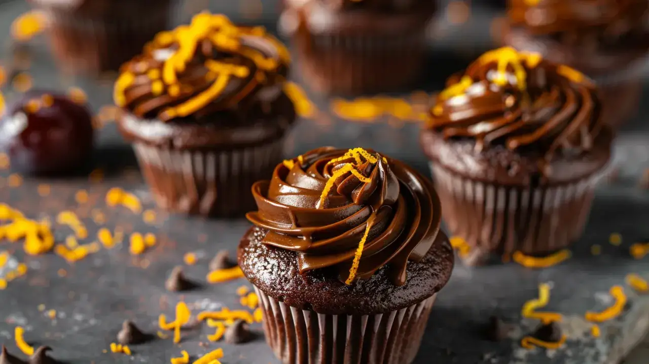 Zdjęcie Babeczki piernikowe z kremem, polewą czekoladową i skórką pomarańczy