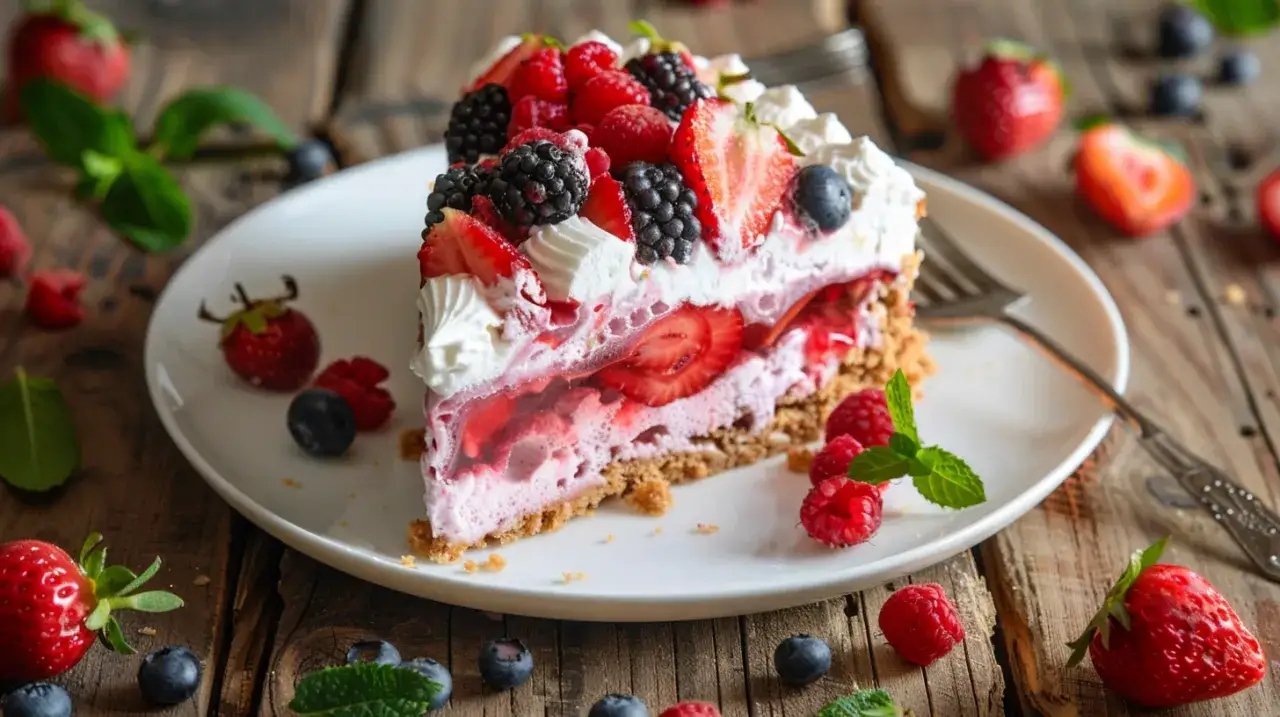 Zdjęcie Ciasto z pianką, galaretką, owocami i kruchym spodem