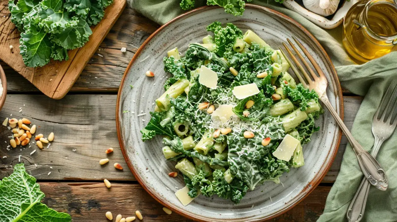 Zdjęcie Kremowy makaron z jarmużem w sosie śmietanowym: zielone szaleństwo