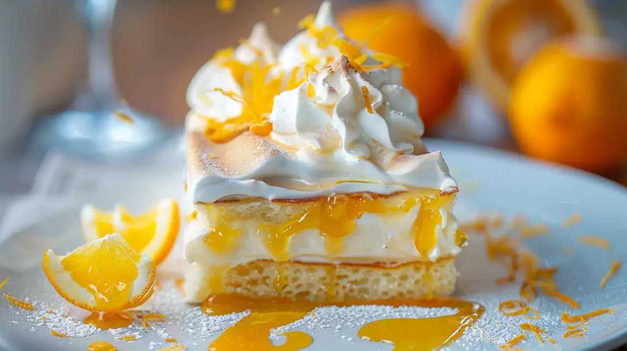 Zdjęcie Tort pomarańczowy z bezą, kremem waniliowym i kandyzowaną skórką