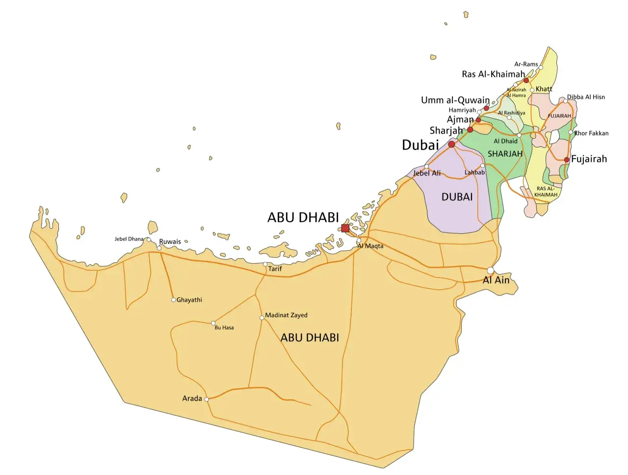 Mapa Zjednoczonych Emirat&oacute;w Arabskich z zaznaczonymi emiratami: Abu Zabi, Dubaj, Szardża, Ras al-Chajma, Fudżajra, Umm al-Kuwajn, Adżman. Ciekawostki o regionie.