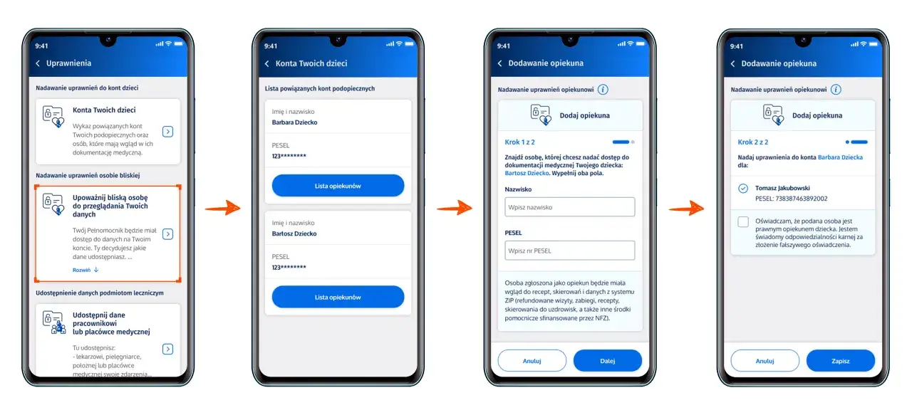 Aplikacja mobilna pokazuje, jak sprawdzić przynależność do NFZ, dodając opiekuna dla dziecka.