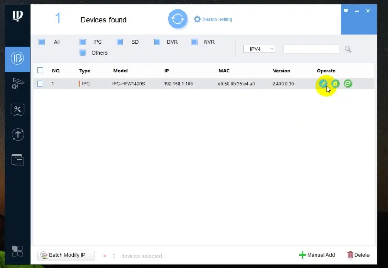 Konfiguracja dahua kamera wifi. Widok programu do zarządzania urządzeniami sieciowymi, lista znalezionych kamer IPC.