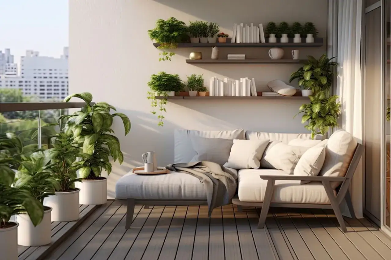 Przytulna weranda z sofą, roślinami i książkami. Idealne miejsce na relaks i podziwianie widoku miasta.