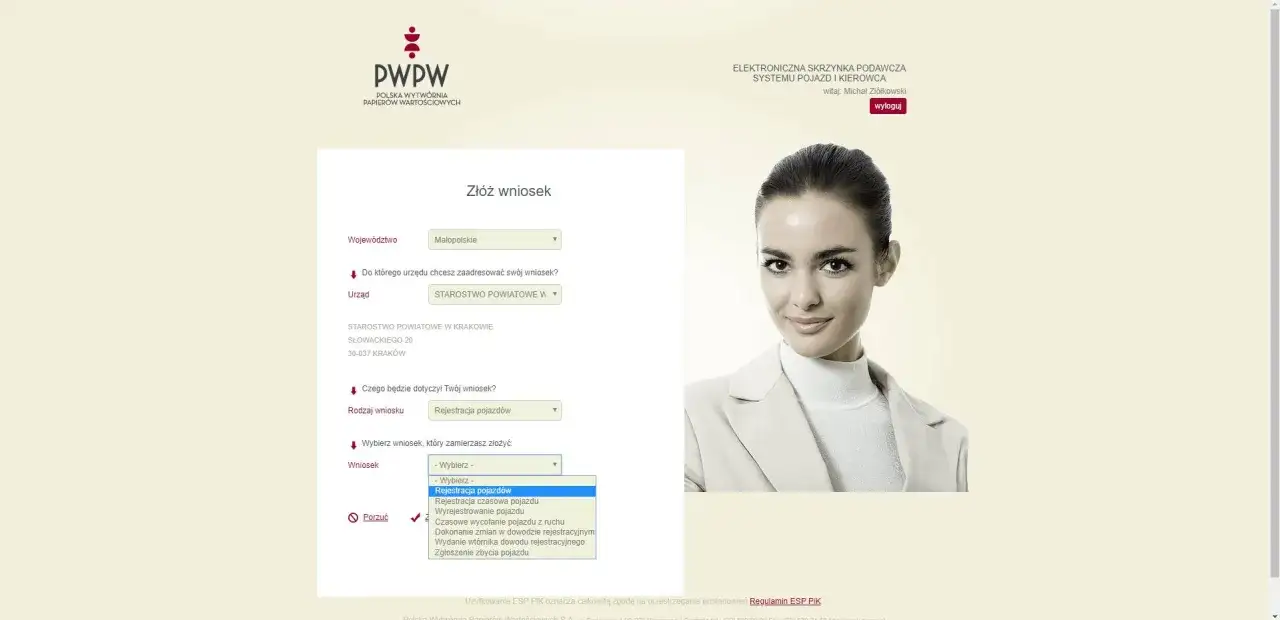 Formularz do złożenia wniosku o rejestrację pojazdu w Polsce. Wybór województwa, urzędu i rodzaju wniosku.