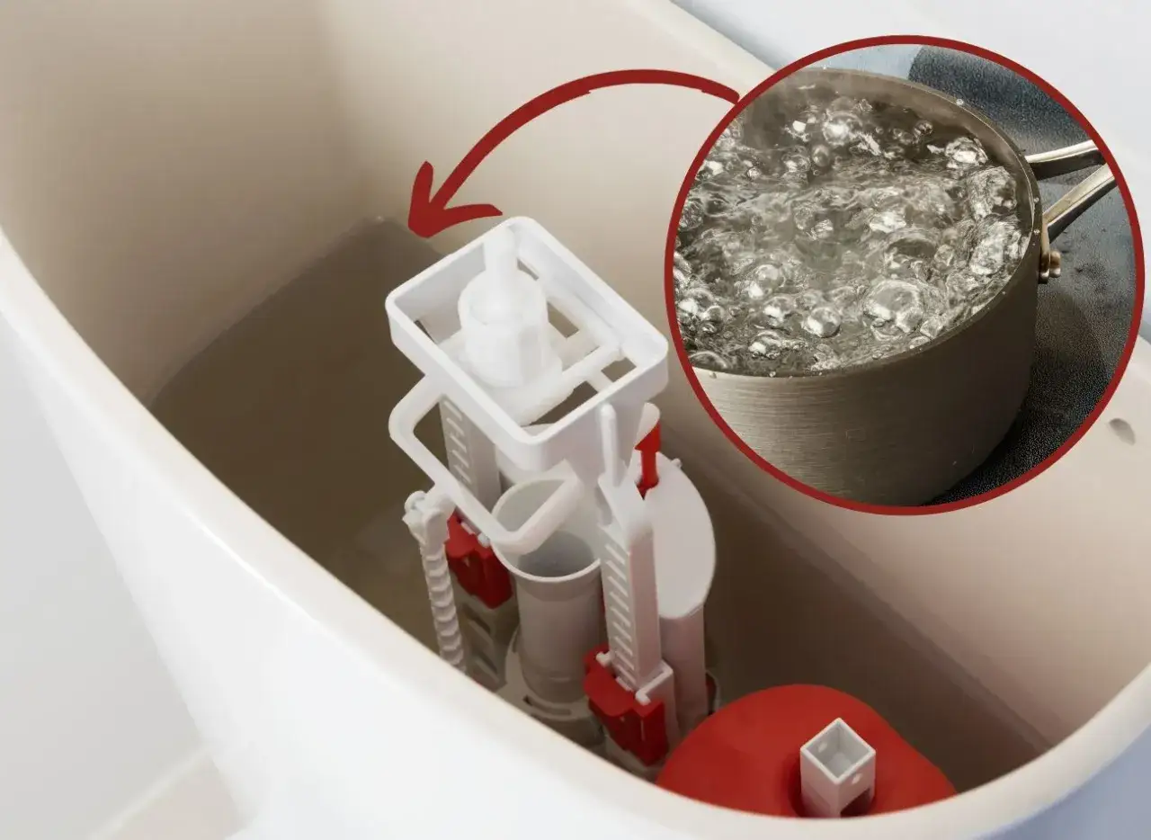 Jak odkamienić spłuczkę? Wlej wrzątek do zbiornika, aby usunąć kamień.