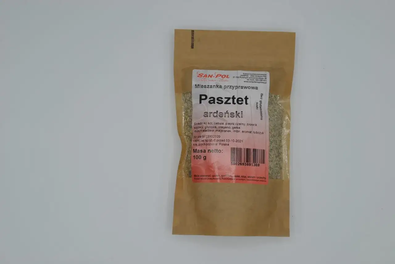 Przyprawa do pasztetu ardeńskiego SAN-POL. Skład: sól, cebula, pieprz, błonnik sojowy, glukoza, oregano, gałka muszkatołowa, majeranek, imbir, aromat, lubczyk.