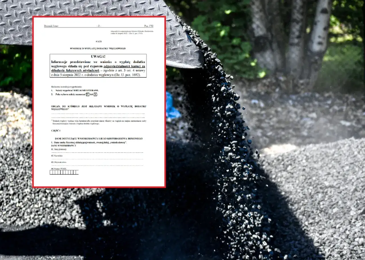 Wniosek o dodatek węglowy dla mieszkańców bloku. Dokument zawiera informacje o przyznaniu wsparcia finansowego na zakup węgla.