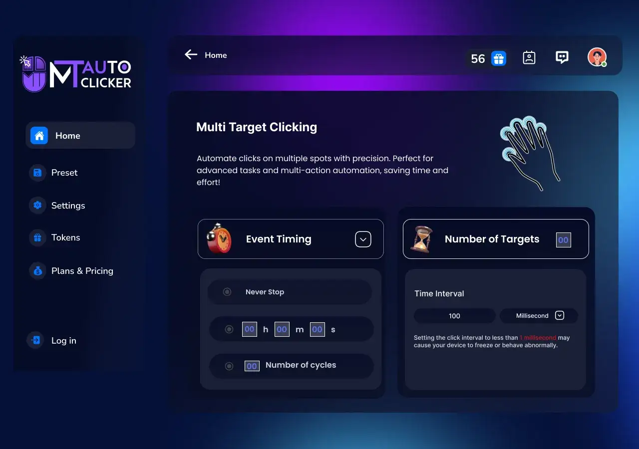 Interfejs aplikacji gs auto clicker z opcjami 