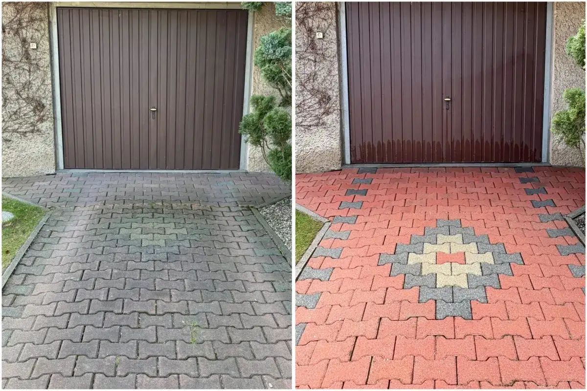 Przed i po czyszczeniu kostki brukowej. Pokazuje, jak usunąć glony z kostki brukowej, przywracając jej pierwotny wygląd.