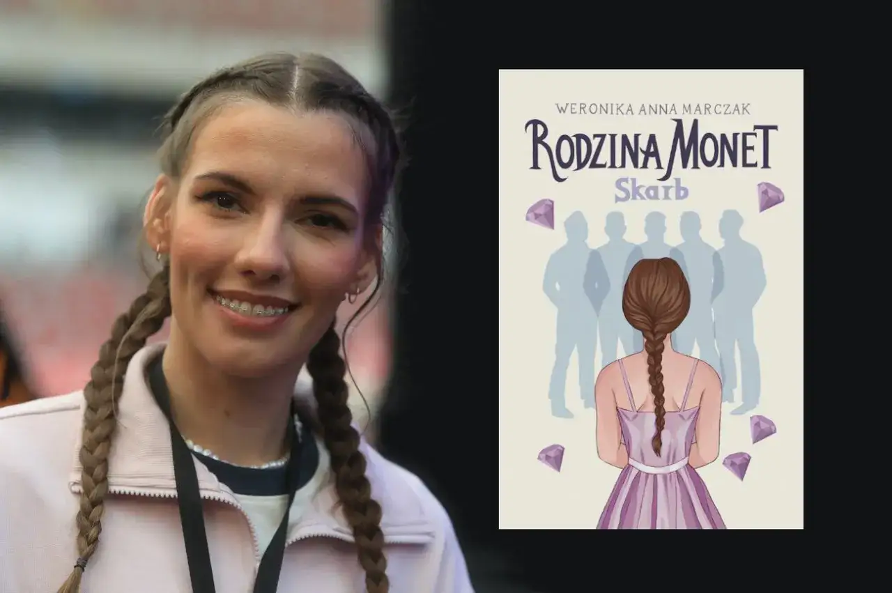 Uśmiechnięta dziewczyna z warkoczami obok okładki książki 