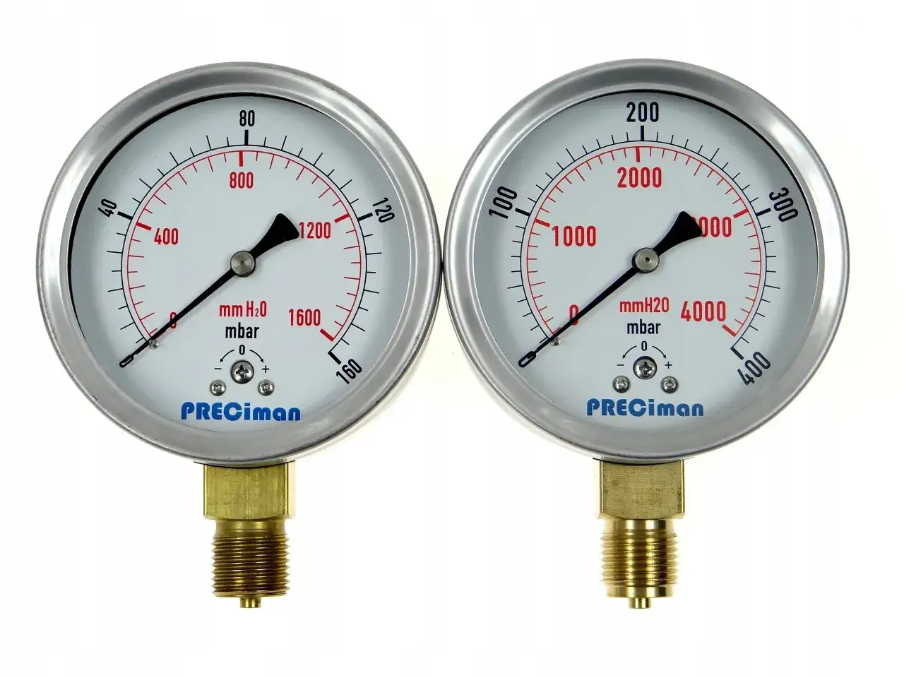 Dwa manometry PreCiman pokazują ciśnienie w mbar. Przydatne do sprawdzenia, jak spuścić ciśnienie z pieca gazowego.