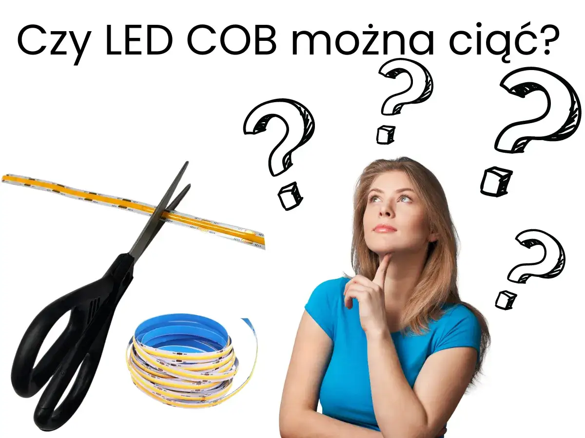 Kobieta zastanawia się, czy taśmę LED COB można ciąć w dowolnym miejscu. Obok nożyczki przecinające taśmę i zwinięta rolka.