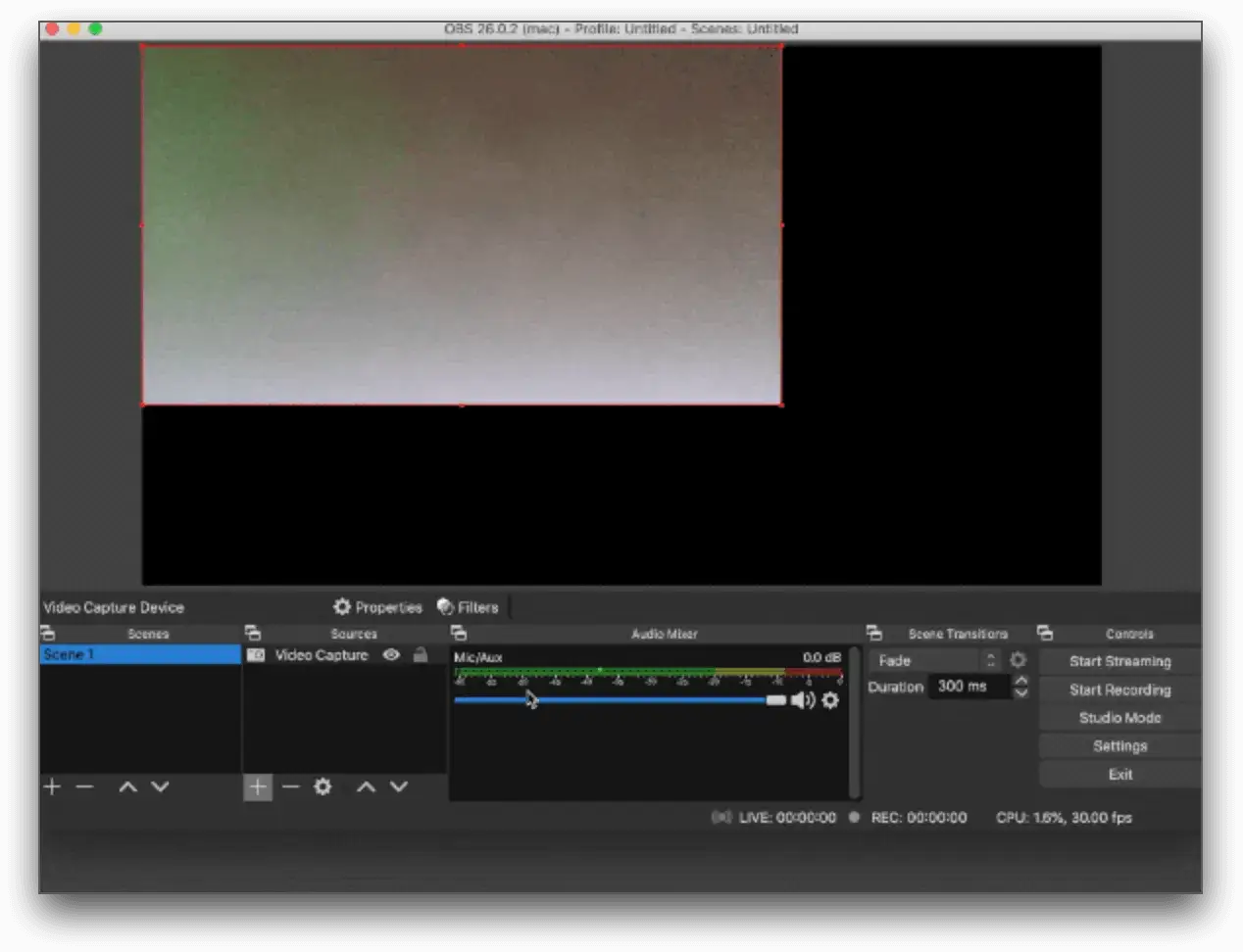 OBS Studio, jedno z popularnych program&oacute;w do nagrywania ekranu, pokazuje podgląd wideo i mikser audio.