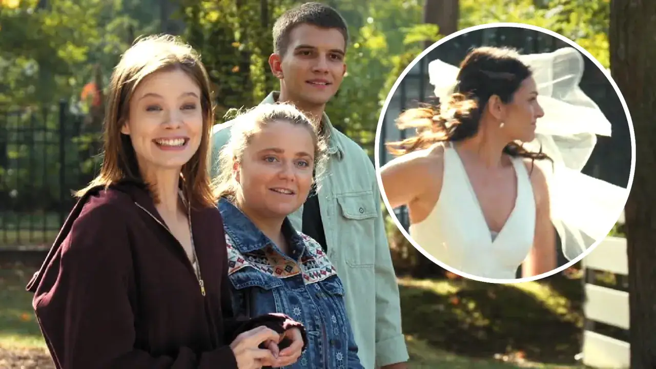 Trzy młode osoby na pierwszym planie, w tle kobieta w sukni ślubnej. Co dalej z serialem M jak Miłość?