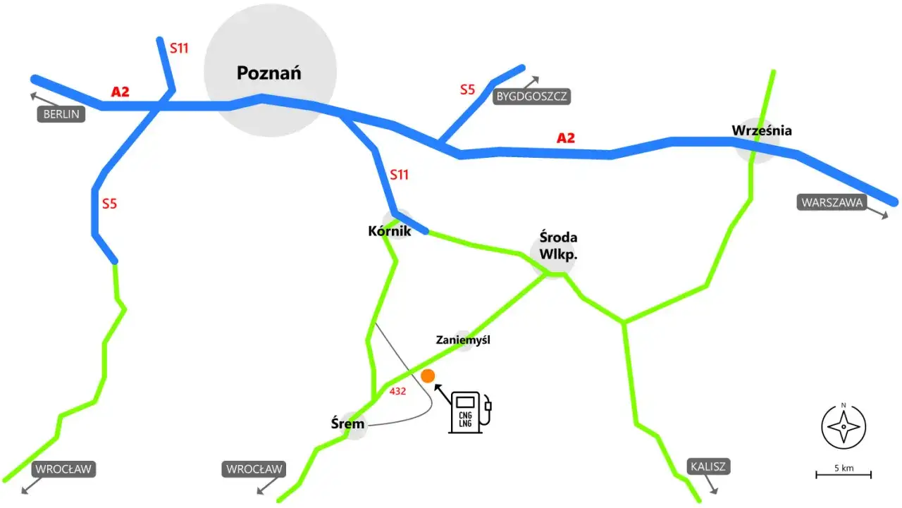 Mapa dróg z Poznaniem, Berlinem, Wrocławiem i Warszawą. Stacja CNG/LNG znajduje się w pobliżu Zaniemyśla, gdzie tankować.