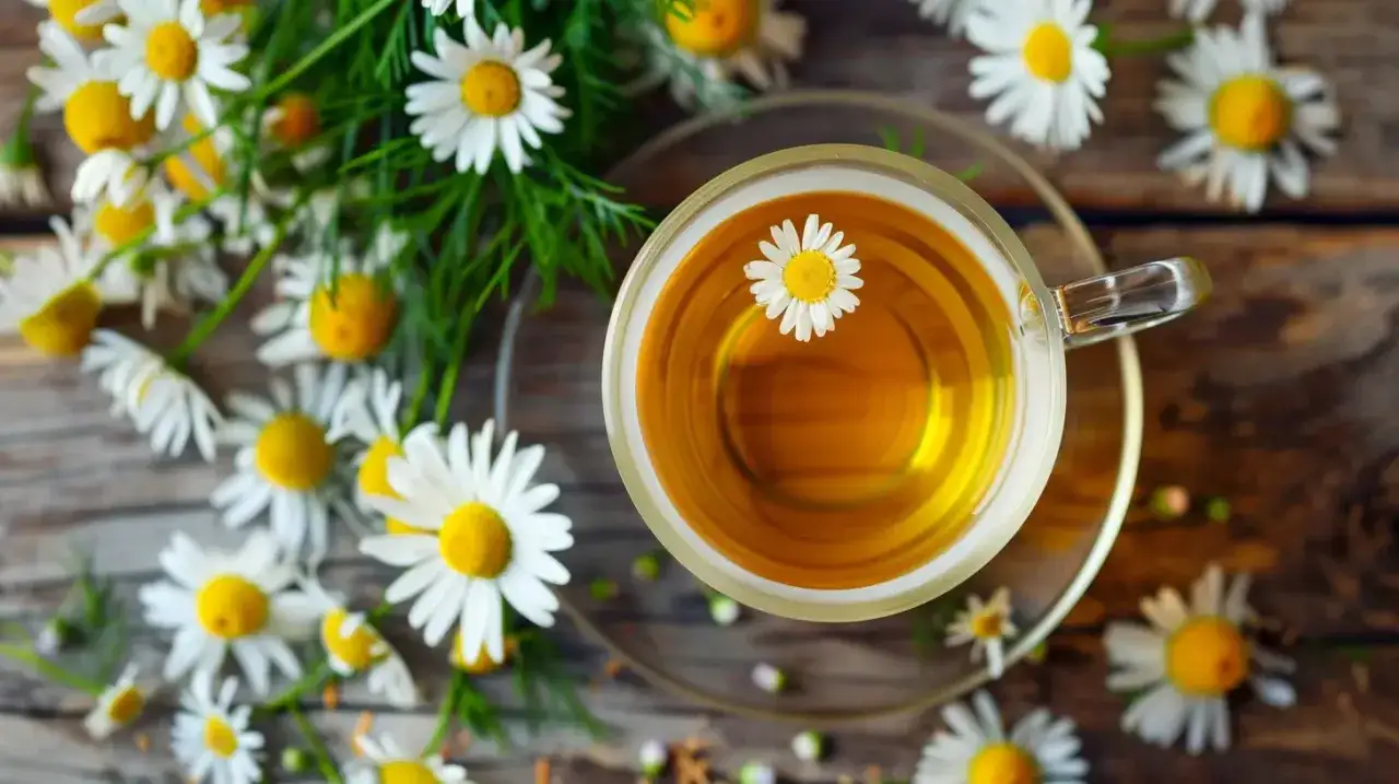 Kubek złocistego naparu z rumianku, z kwiatkiem na wierzchu. Wokół świeże kwiaty rumianku. Idealny na zaparcia.