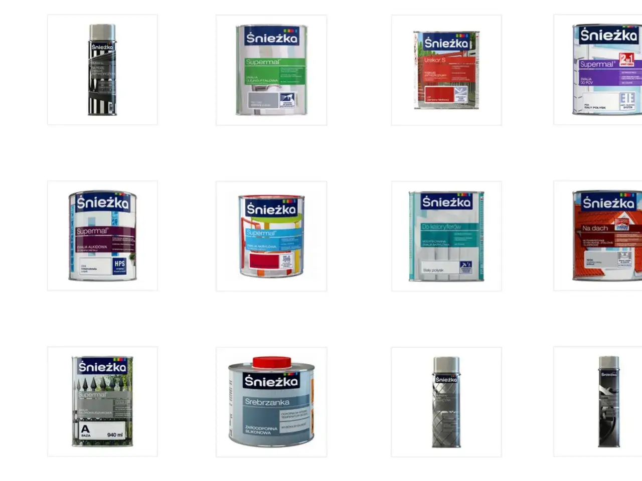 Różne rodzaje farb Śnieżka, w tym emalie i spraye, idealne jako farba na rdzę ogrodzenie.